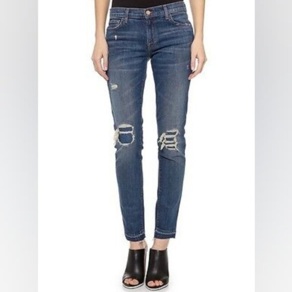 J Brand Ellis Villain Destroyed Patched Skinny Jeans Womens Size 25 Blue Denim